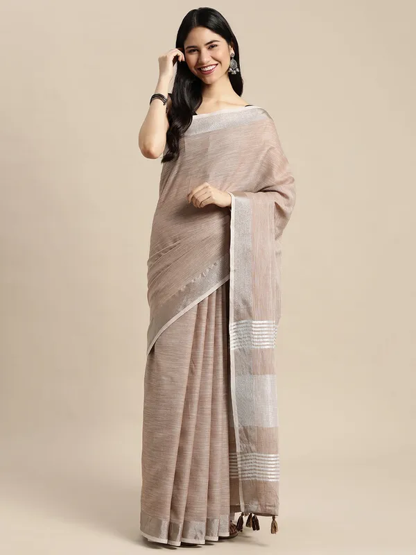 Red_Linen_Silver_Stripe_Saree_With_Blouse_Piece_For_Women