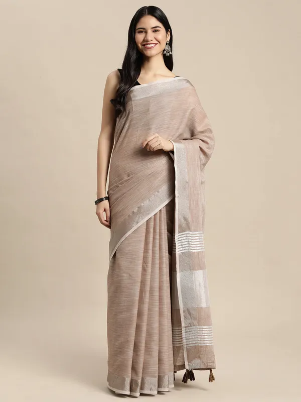 Red_Linen_Silver_Stripe_Saree_With_Blouse_Piece_For_Women