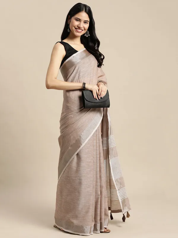 Red_Linen_Silver_Stripe_Saree_With_Blouse_Piece_For_Women