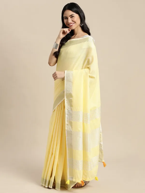 Pastel_Yellow_Linen_Silver_Stripe_Border_Saree_For_Women