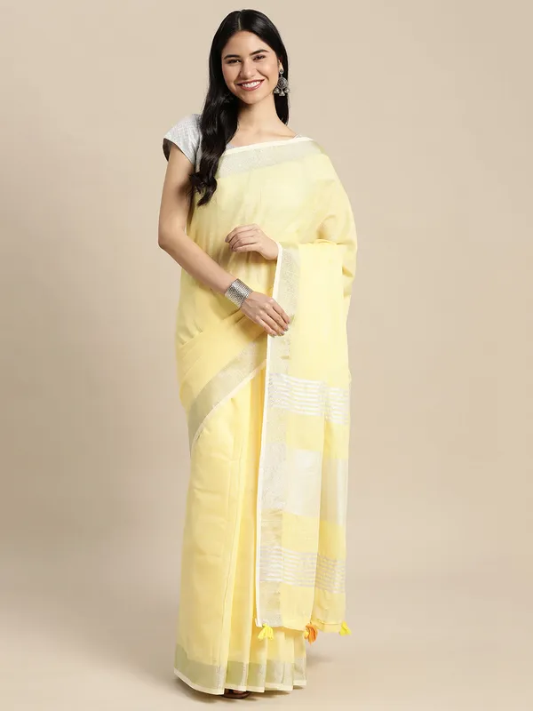 Pastel_Yellow_Linen_Silver_Stripe_Border_Saree_For_Women