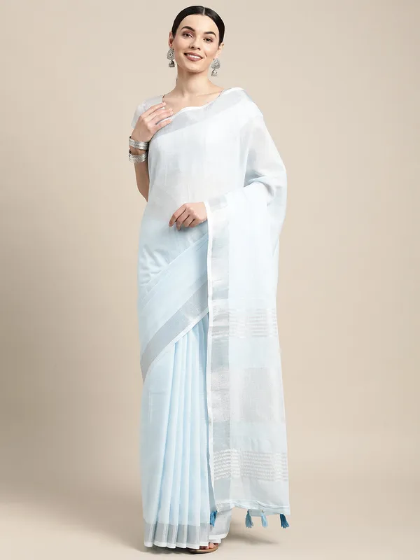 Powder_Blue_Linen_Silver_Stripe_Woven_Saree_For_Women