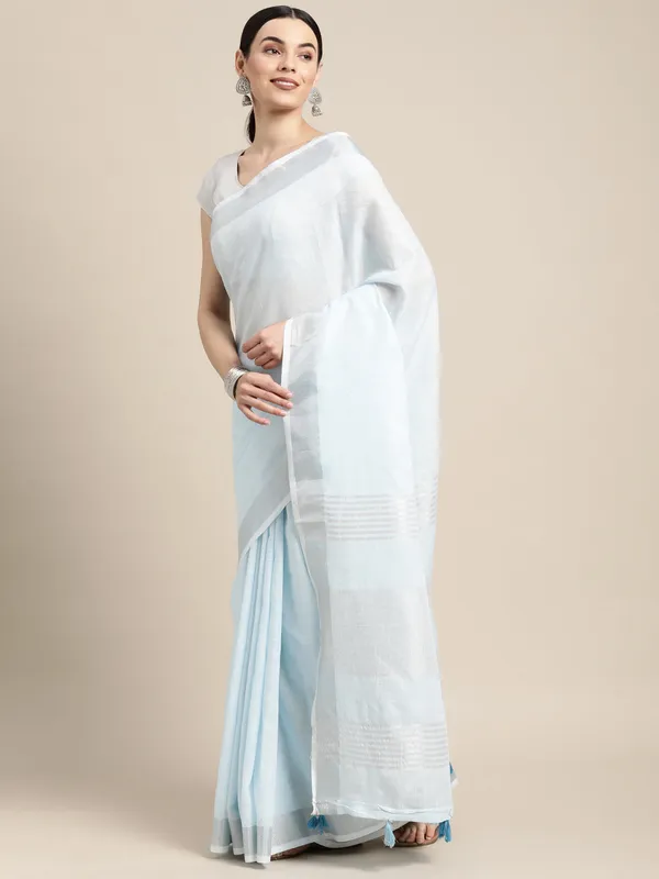 Powder_Blue_Linen_Silver_Stripe_Woven_Saree_For_Women