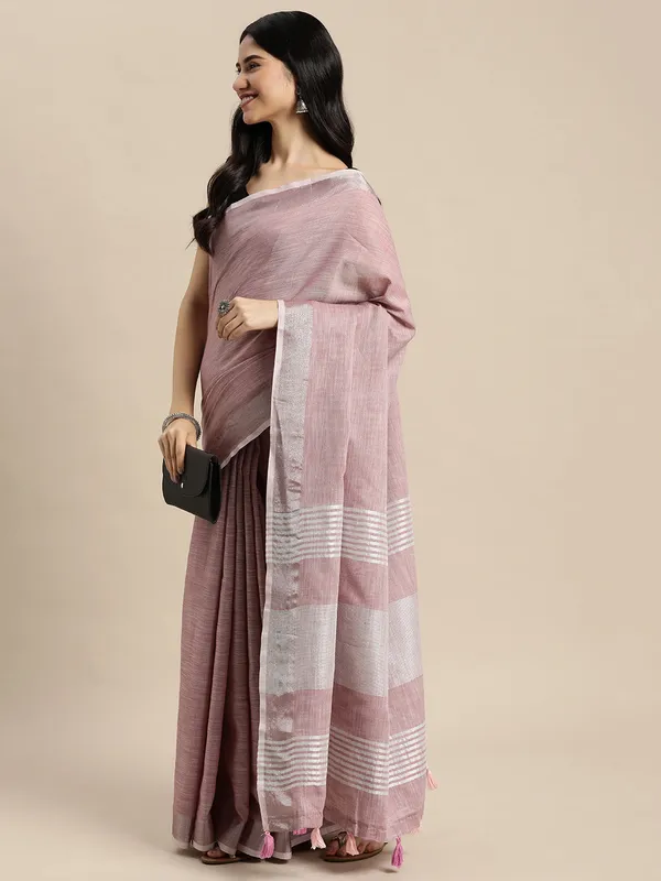 Dusty_Mauve_Linen_Silver_Stripe_Border_Saree_For_Women