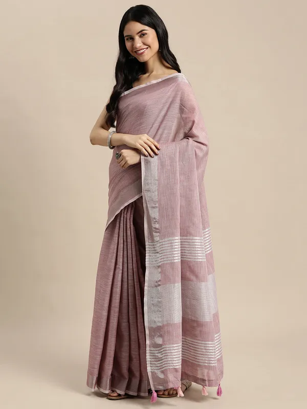 Dusty_Mauve_Linen_Silver_Stripe_Border_Saree_For_Women