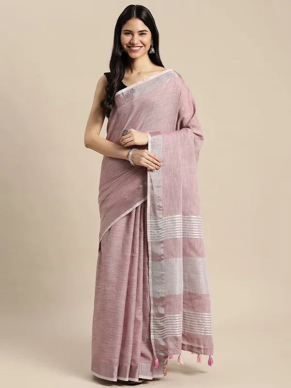 Dusty_Mauve_Linen_Silver_Stripe_Border_Saree_For_Women