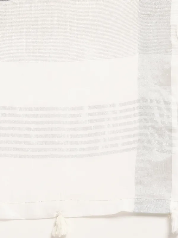 White_Linen_Silver_Stripe_Border_Saree_For_Women