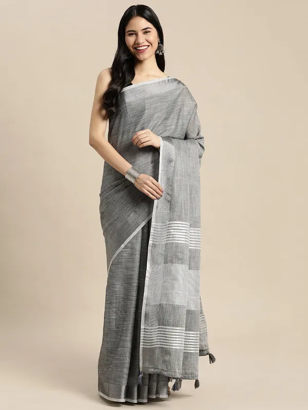 Charcoal_Grey_Linen_Silver_Stripe_Saree_For_Women