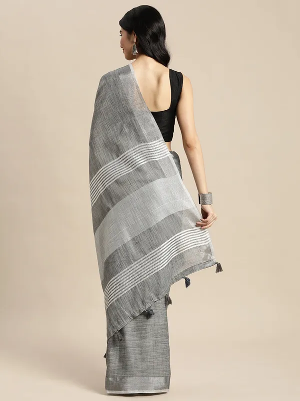 Charcoal_Grey_Linen_Silver_Stripe_Saree_For_Women