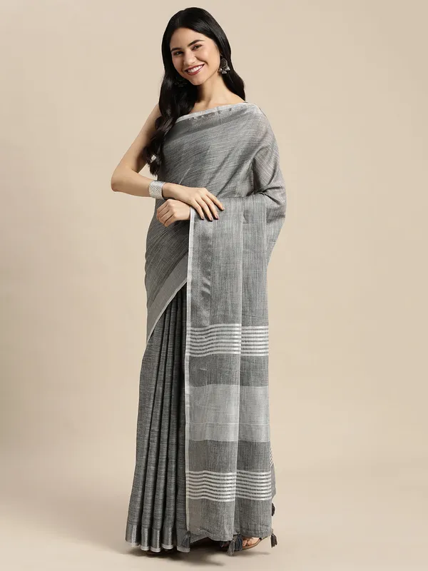 Charcoal_Grey_Linen_Silver_Stripe_Saree_For_Women