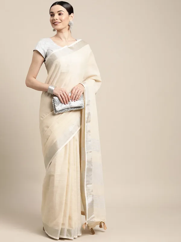 Ivory_Cream_Linen_Silver_Stripe_Saree_For_Women