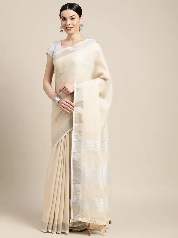 Ivory_Cream_Linen_Silver_Stripe_Saree_For_Women