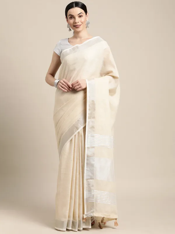 Ivory_Cream_Linen_Silver_Stripe_Saree_For_Women