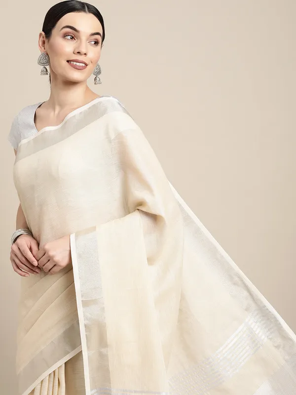 Ivory_Cream_Linen_Silver_Stripe_Saree_For_Women