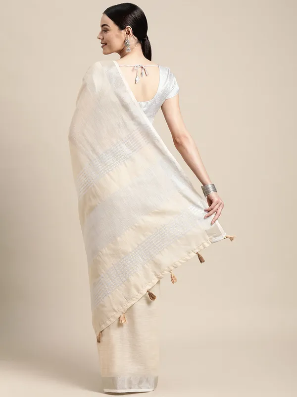 Ivory_Cream_Linen_Silver_Stripe_Saree_For_Women