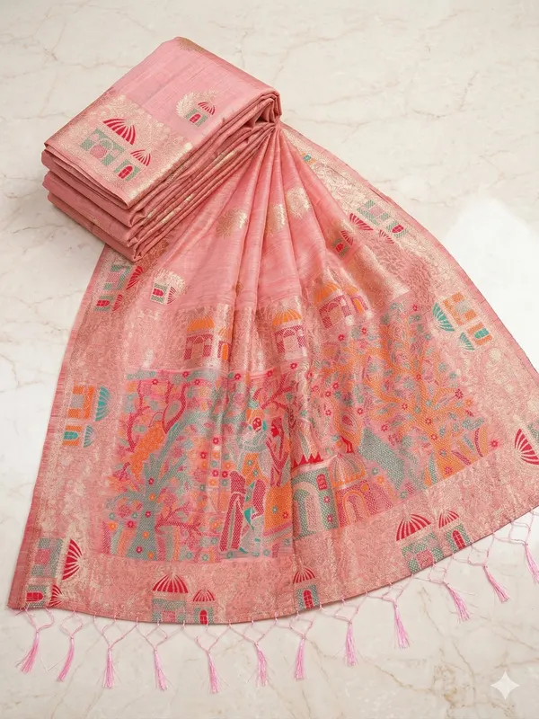 Pink_Linen_Artisanal_Woven_Pallu_Saree_For_Women