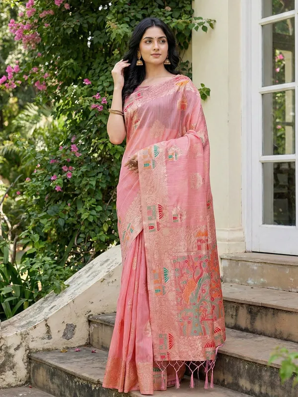 Pink_Linen_Artisanal_Woven_Pallu_Saree_For_Women