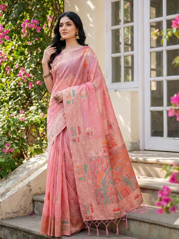 Pink_Linen_Artisanal_Woven_Pallu_Saree_For_Women