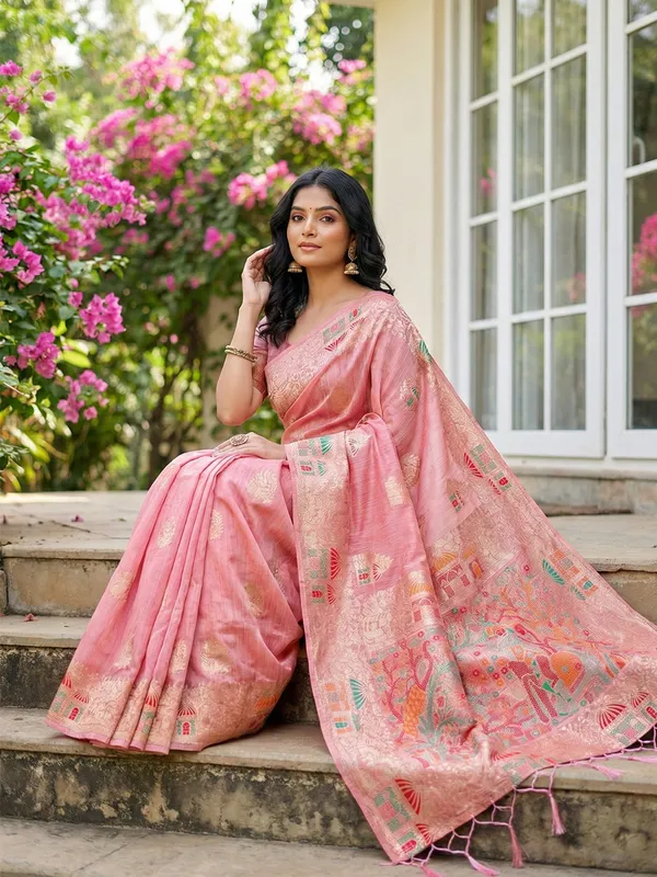 Pink_Linen_Artisanal_Woven_Pallu_Saree_For_Women