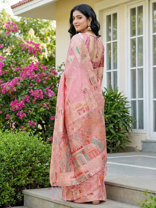 Pink_Linen_Artisanal_Woven_Pallu_Saree_For_Women