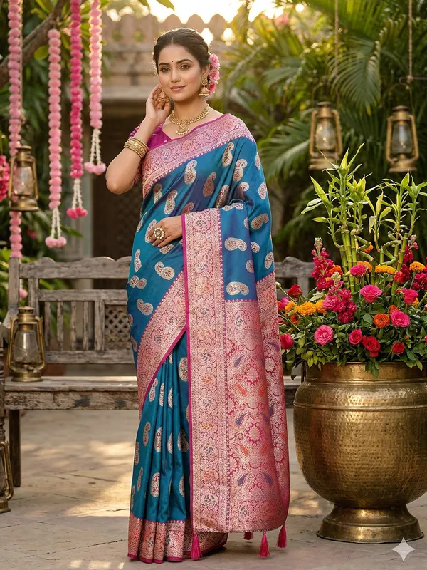 Blue_Pink_Banarasi_Silk_Butta_Zari_Border_Saree_For_Women