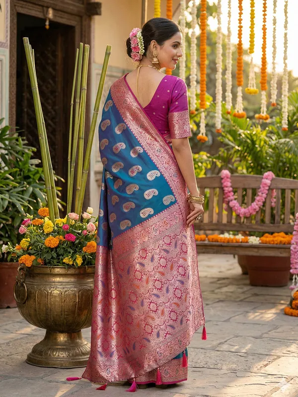 Blue_Pink_Banarasi_Silk_Butta_Zari_Border_Saree_For_Women