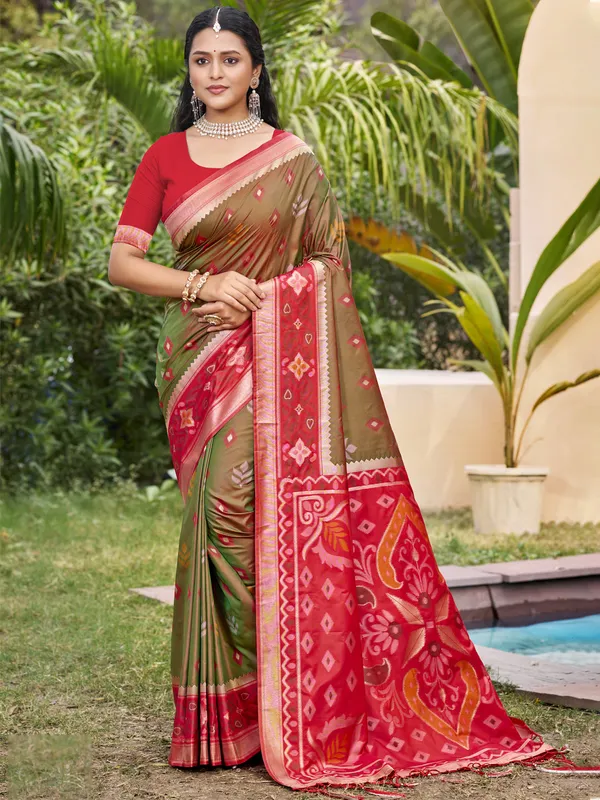 Olive_Green_Pochampalli_Silk_Ikkat_Saree_For_Women