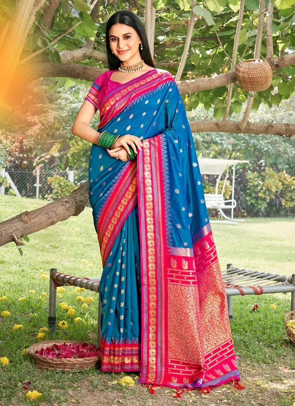 Blue_Banarasi_Silk_Golden_Zari_Floral_Jaal_Saree_For_Women