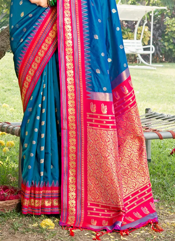 Blue_Banarasi_Silk_Golden_Zari_Floral_Jaal_Saree_For_Women