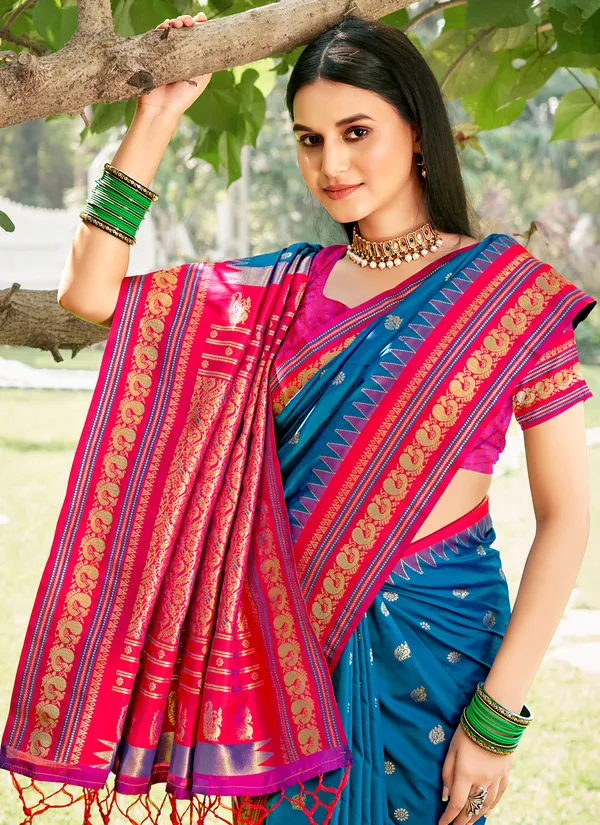 Blue_Banarasi_Silk_Golden_Zari_Floral_Jaal_Saree_For_Women