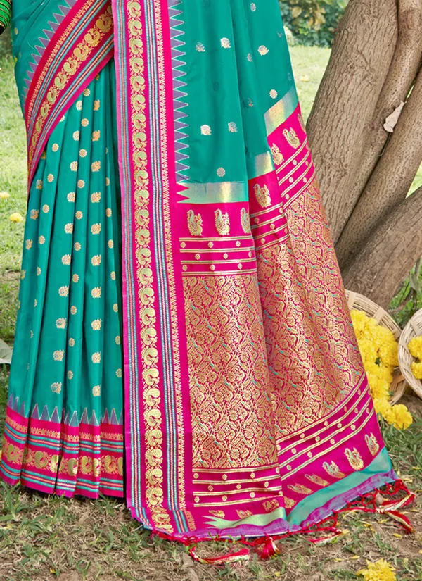 Sea_Green_Banarasi_Silk_Golden_Zari_Floral_Jaal_Saree_For_Women