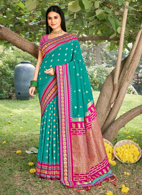 Sea_Green_Banarasi_Silk_Golden_Zari_Floral_Jaal_Saree_For_Women