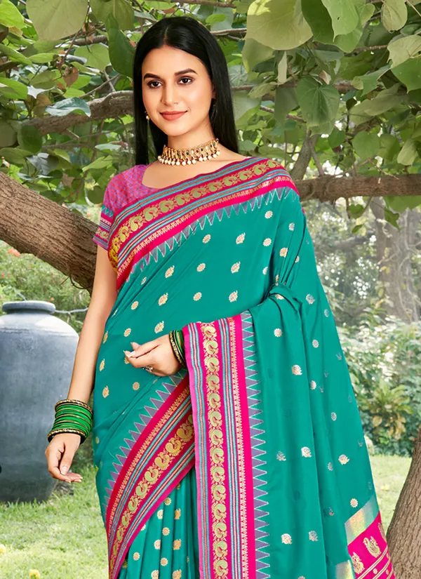 Sea_Green_Banarasi_Silk_Golden_Zari_Floral_Jaal_Saree_For_Women