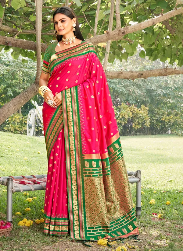 Pink_Banarasi_Silk_Golden_Zari_Floral_Jaal_Saree_For_Women