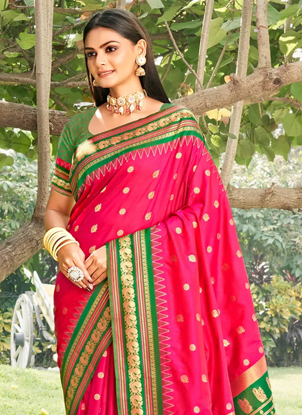 Pink_Banarasi_Silk_Golden_Zari_Floral_Jaal_Saree_For_Women