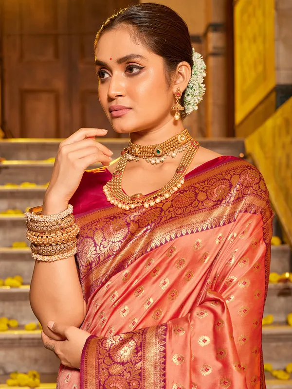 Peach_Kanjivaram_Silk_Zari_Woven_Bridal_Saree_For_Women