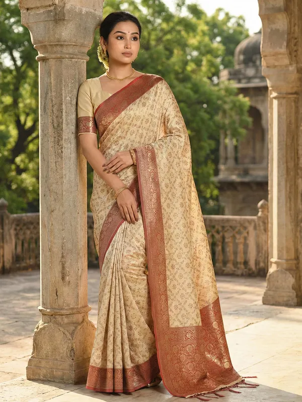 Ivory_Maroon_Banarasi_Silk_Golden_Zari_Woven_Saree_For_Women