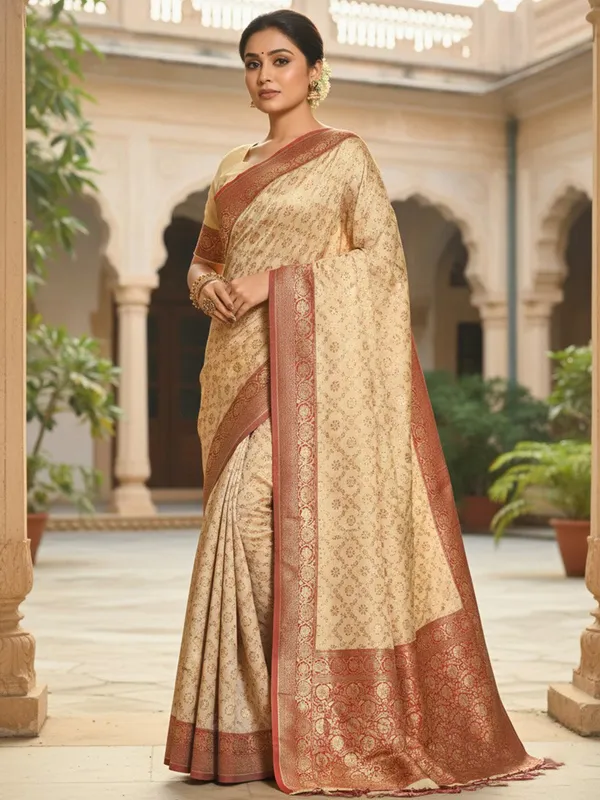 Ivory_Maroon_Banarasi_Silk_Golden_Zari_Woven_Saree_For_Women