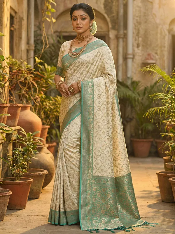 Ivory_Sea_Green_Banarasi_Silk_Zari_Woven_Saree_For_Women