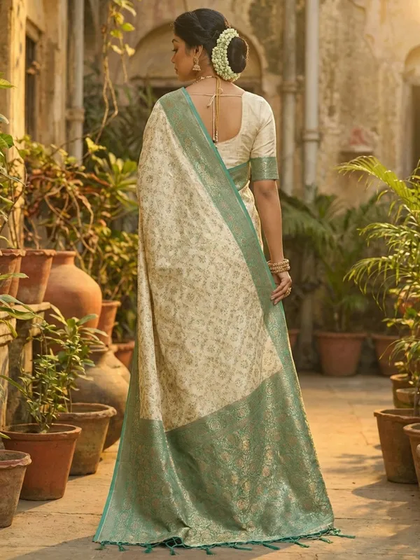 Ivory_Sea_Green_Banarasi_Silk_Zari_Woven_Saree_For_Women