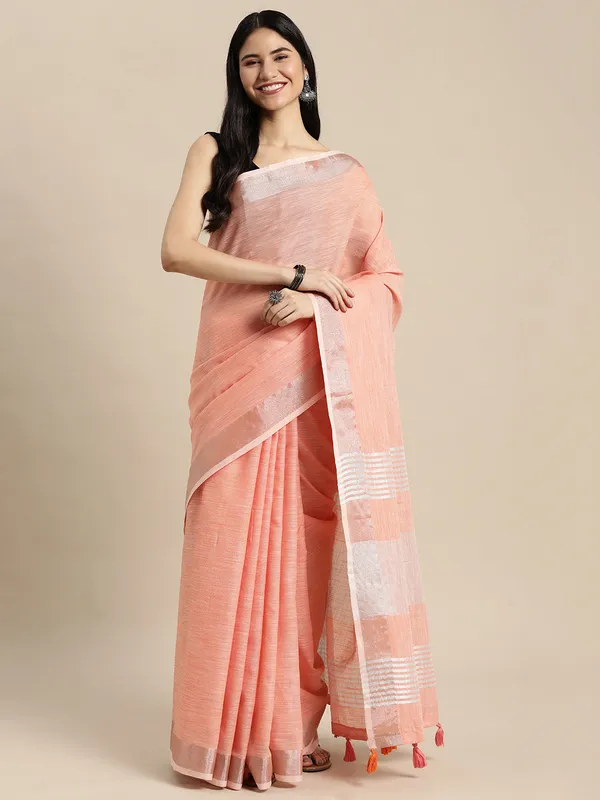 Peach_Linen_Zari_Border_Tassel_Woven_Saree_For_Women