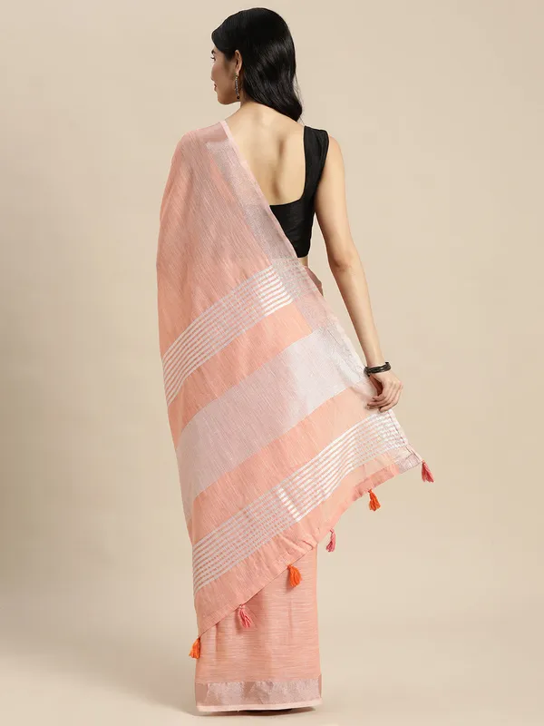 Peach_Linen_Zari_Border_Tassel_Woven_Saree_For_Women