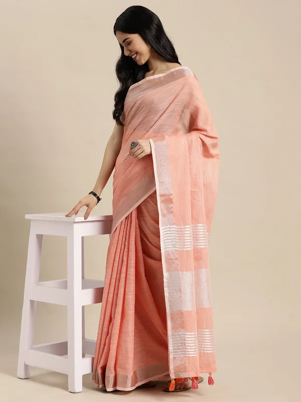 Peach_Linen_Zari_Border_Tassel_Woven_Saree_For_Women