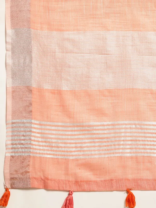 Peach_Linen_Zari_Border_Tassel_Woven_Saree_For_Women