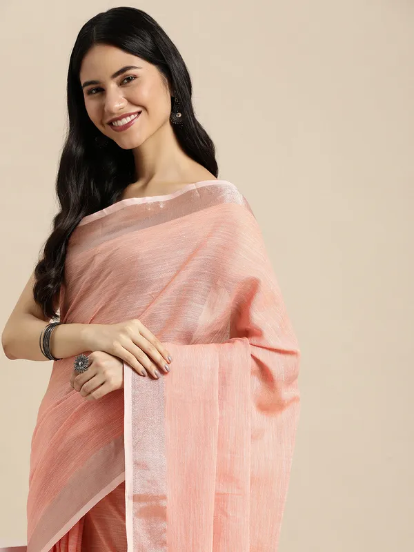 Peach_Linen_Zari_Border_Tassel_Woven_Saree_For_Women