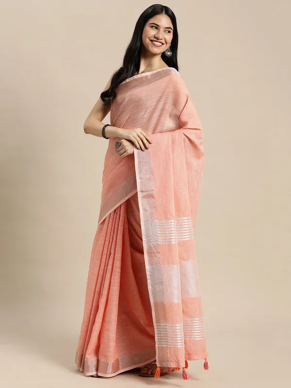 Peach_Linen_Zari_Border_Tassel_Woven_Saree_For_Women