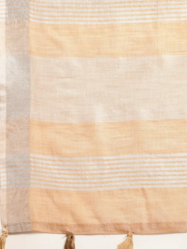 Tan_Linen_Zari_Border_Tassel_Saree_For_Women