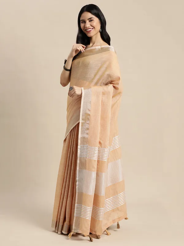 Tan_Linen_Zari_Border_Tassel_Saree_For_Women
