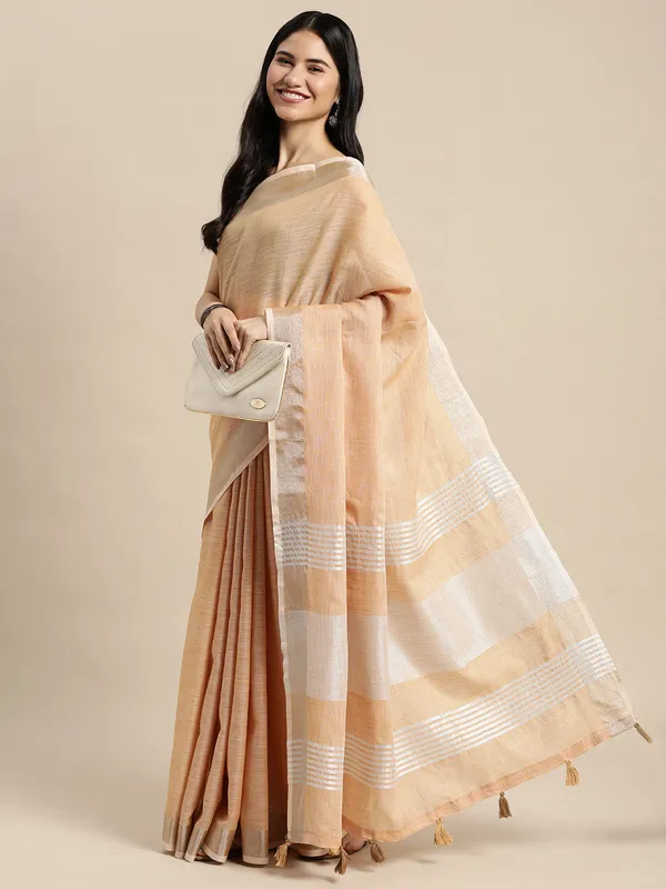 Tan_Linen_Zari_Border_Tassel_Saree_For_Women