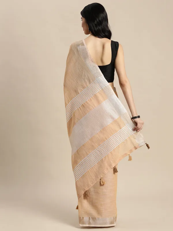 Tan_Linen_Zari_Border_Tassel_Saree_For_Women